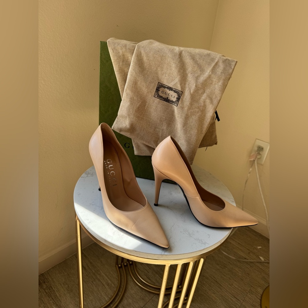 Auth Gucci High Heels Malaga Kid Leather Pumps Skin Rose G 40 size